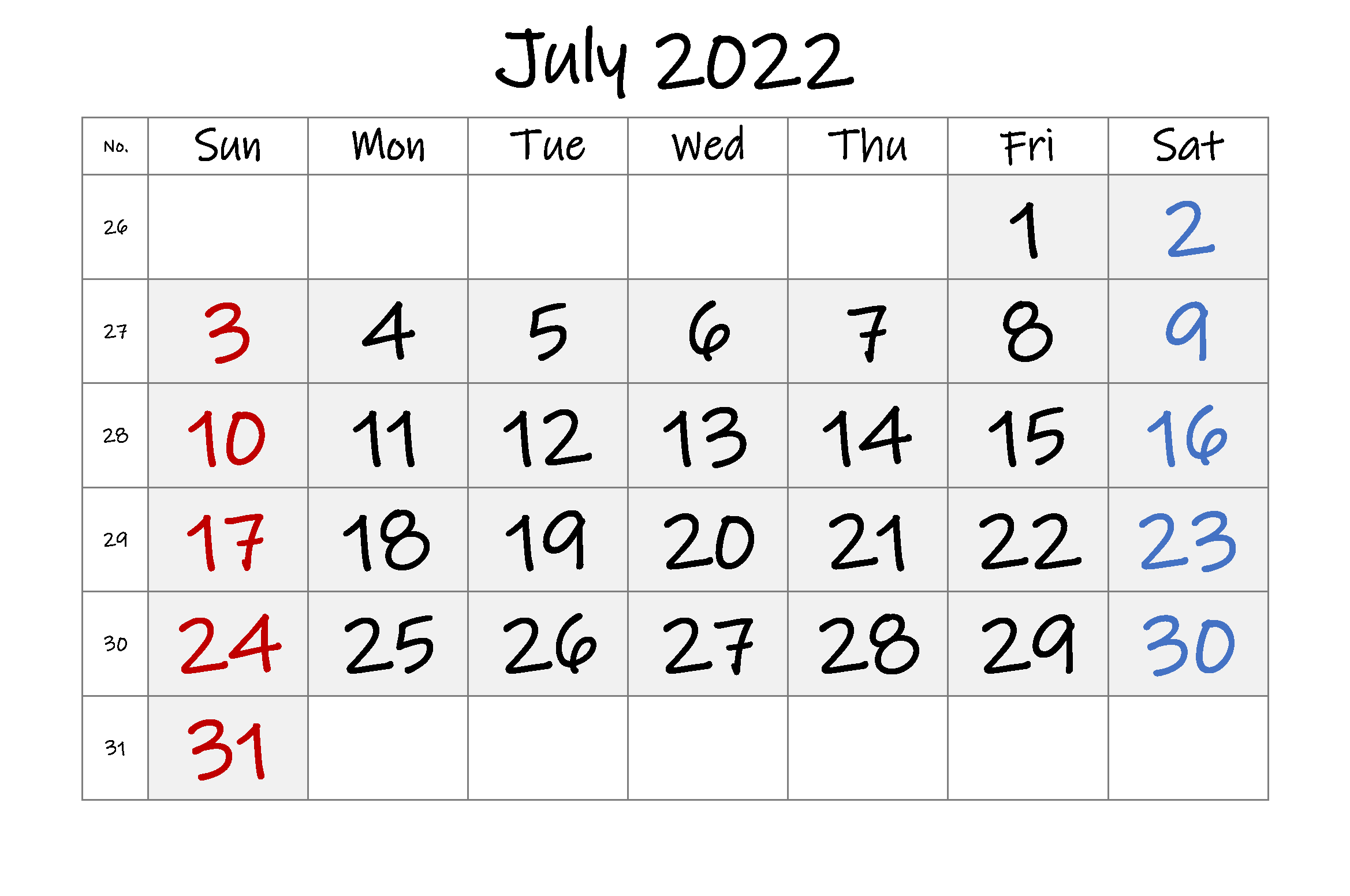 Blank July 2022 Calendar PDF