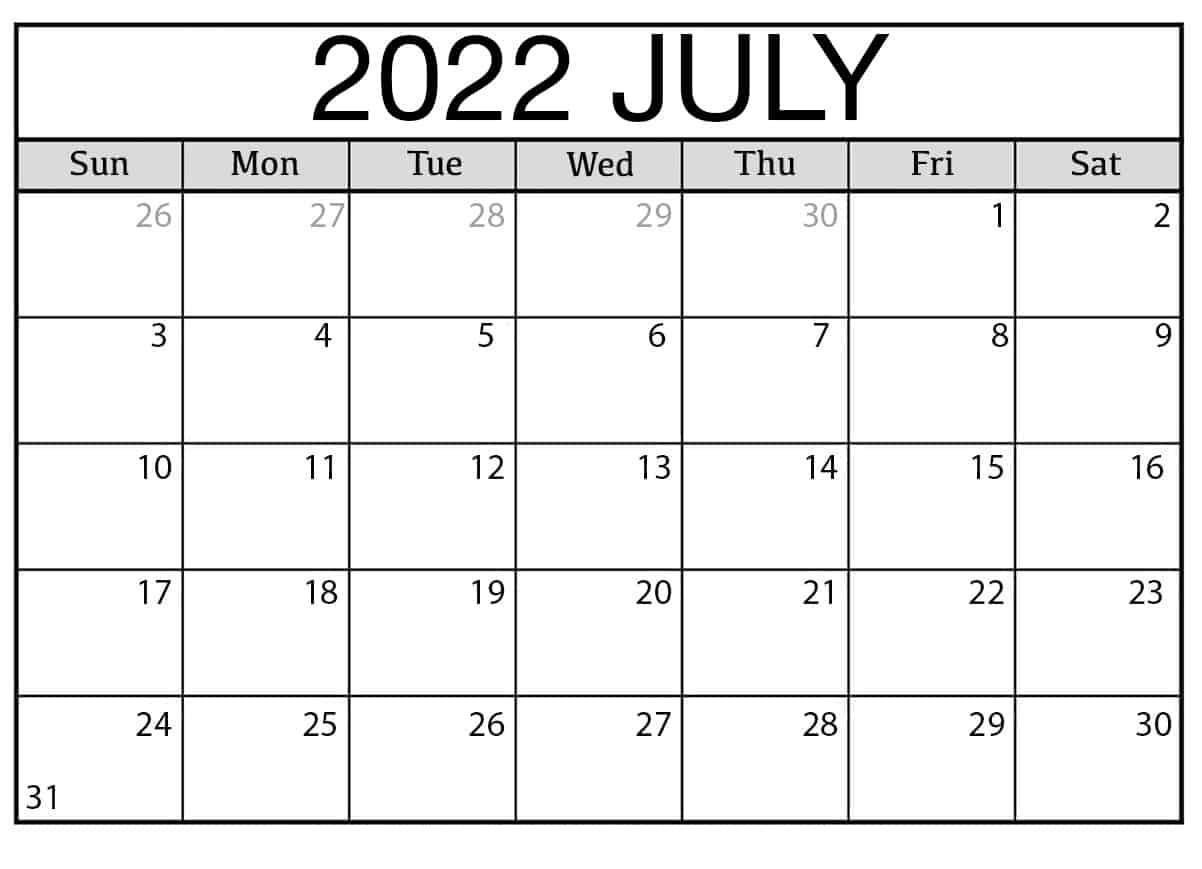 Blank July 2022 Calendar Template