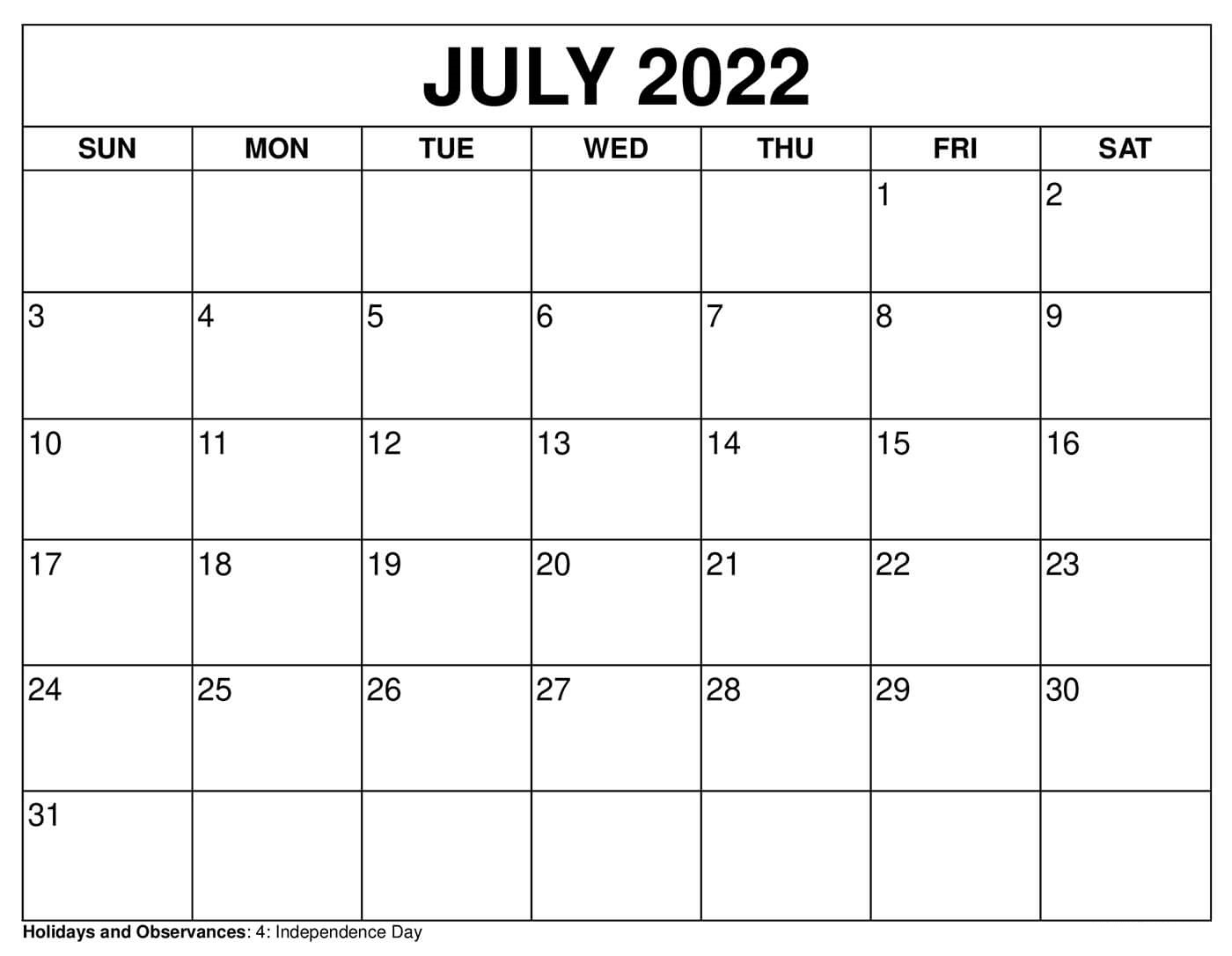 Blank July 2022 Calendar With Holidays