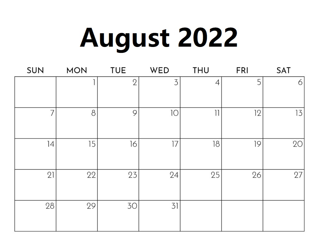 Blank August 2022 Calendar Word