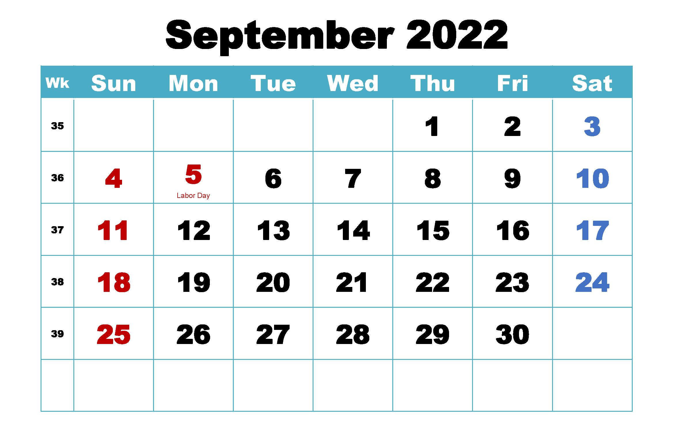 Blank September 2022 Calendar Printable PDF