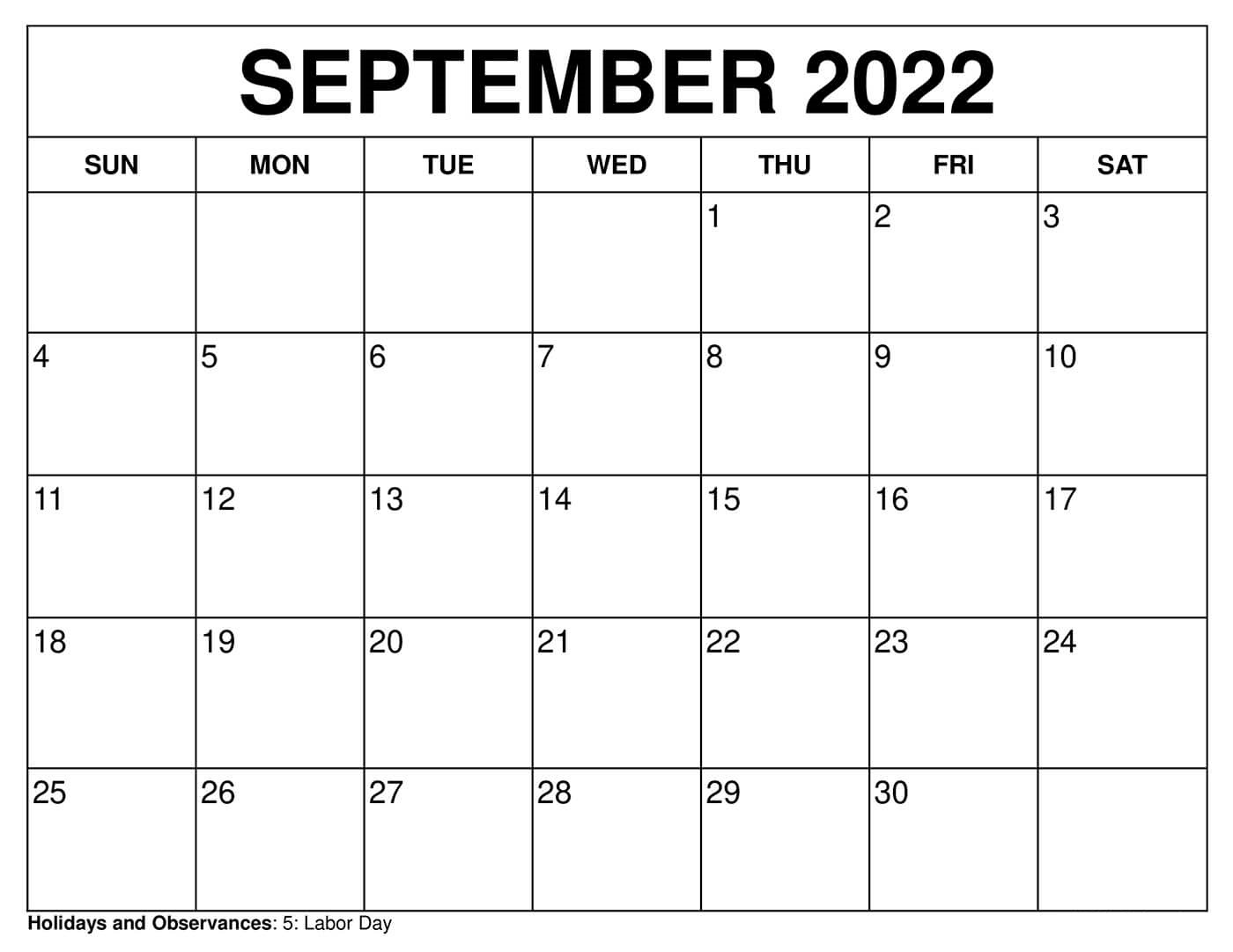 Blank September 2022 Calendar Template With Holidays