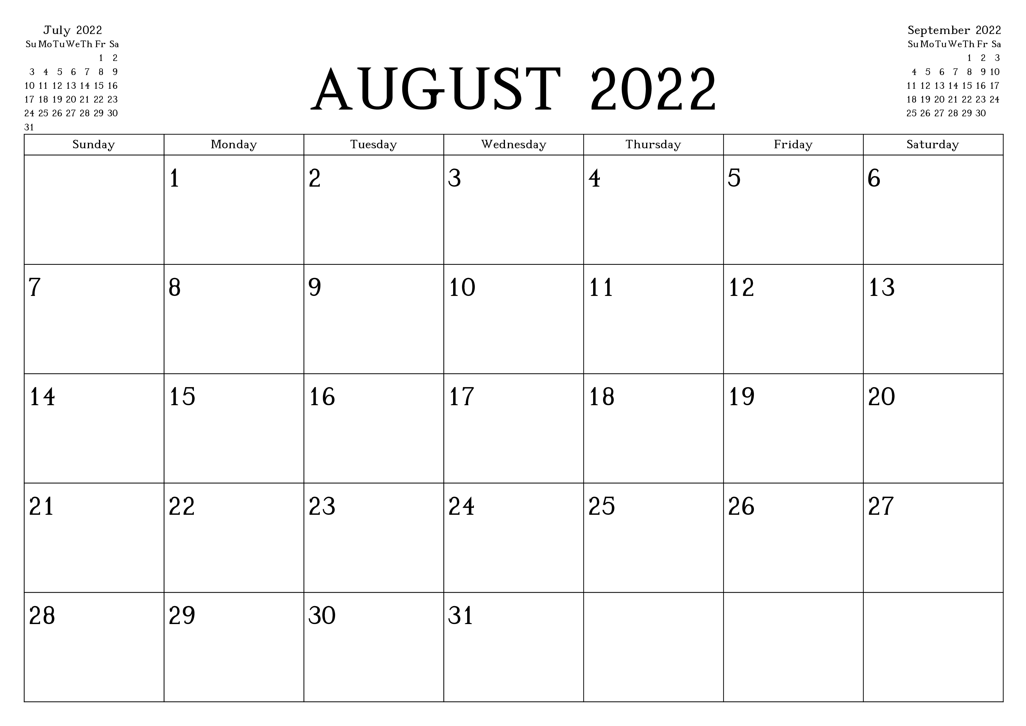 Cute August 2022 Calendar Monthly
