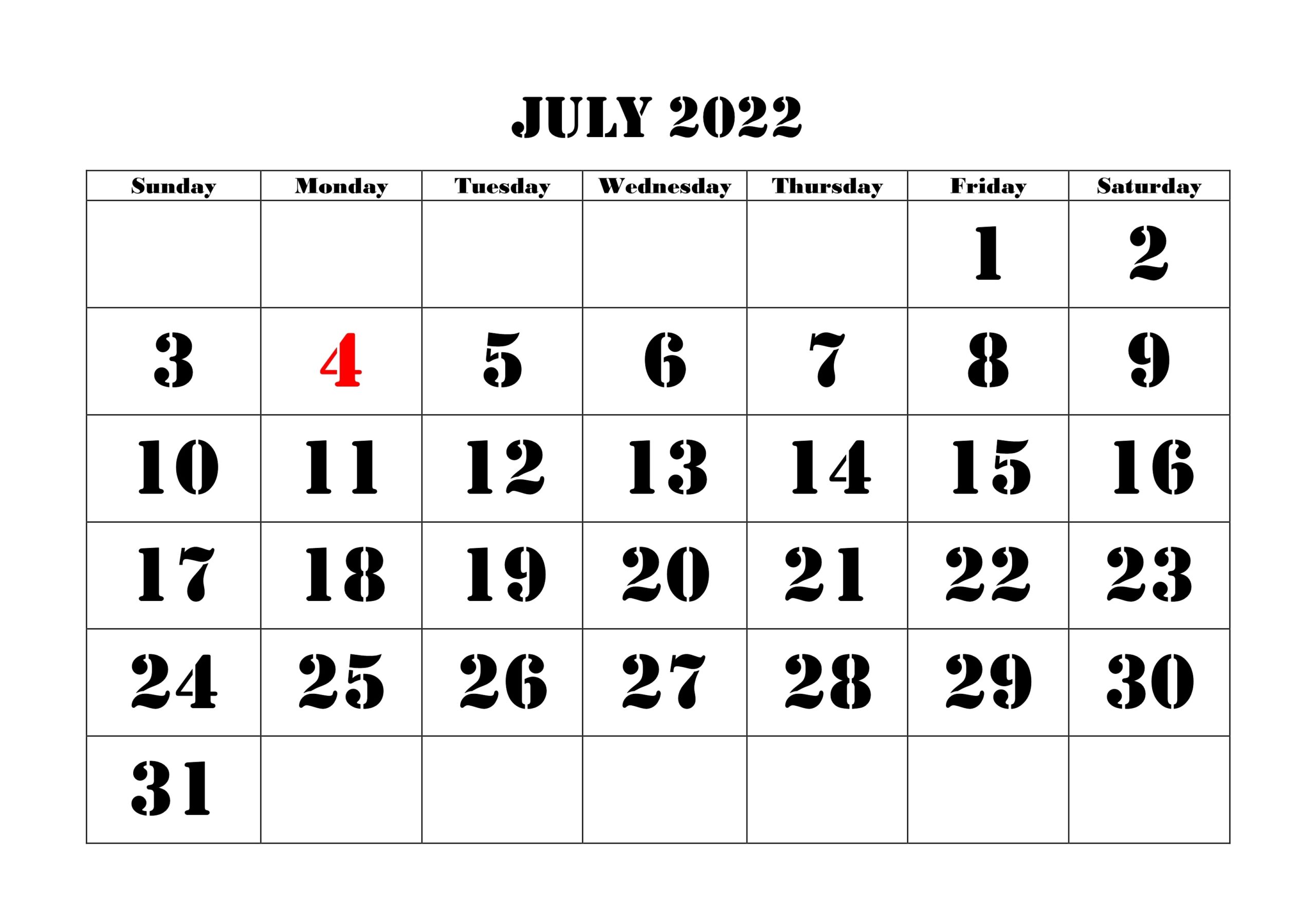 July 2022 Calendar With Holidays Excel