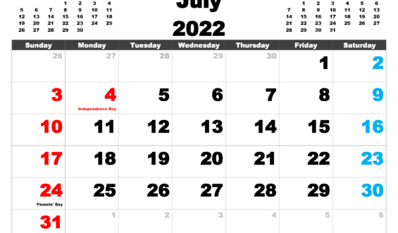Free July 2022 Calendar With Holidays