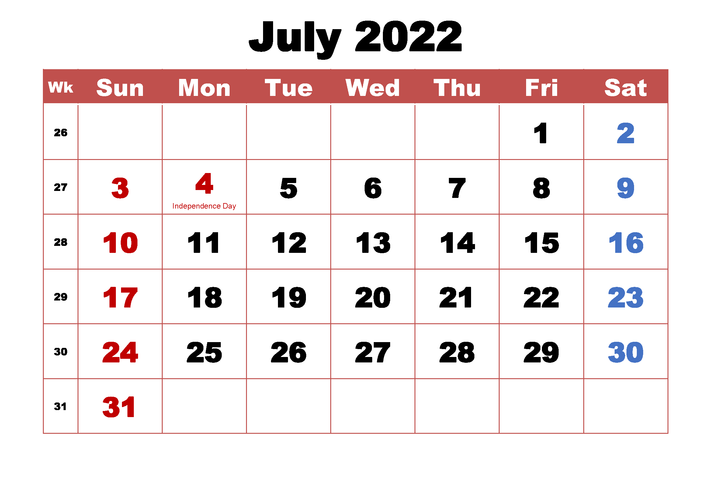 July 2022 Calendar With Holidays Template