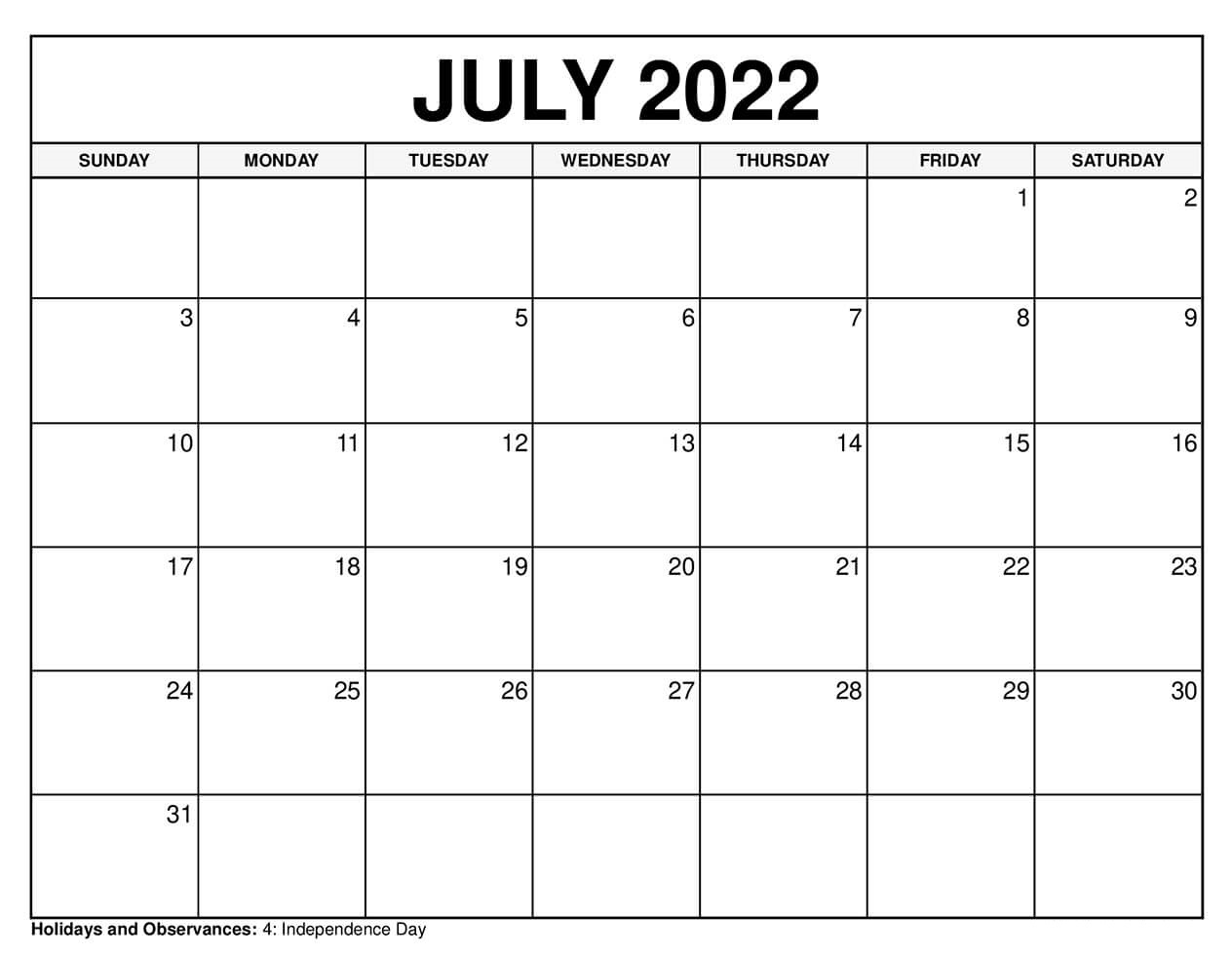 July 2022 Calendar With Holidays