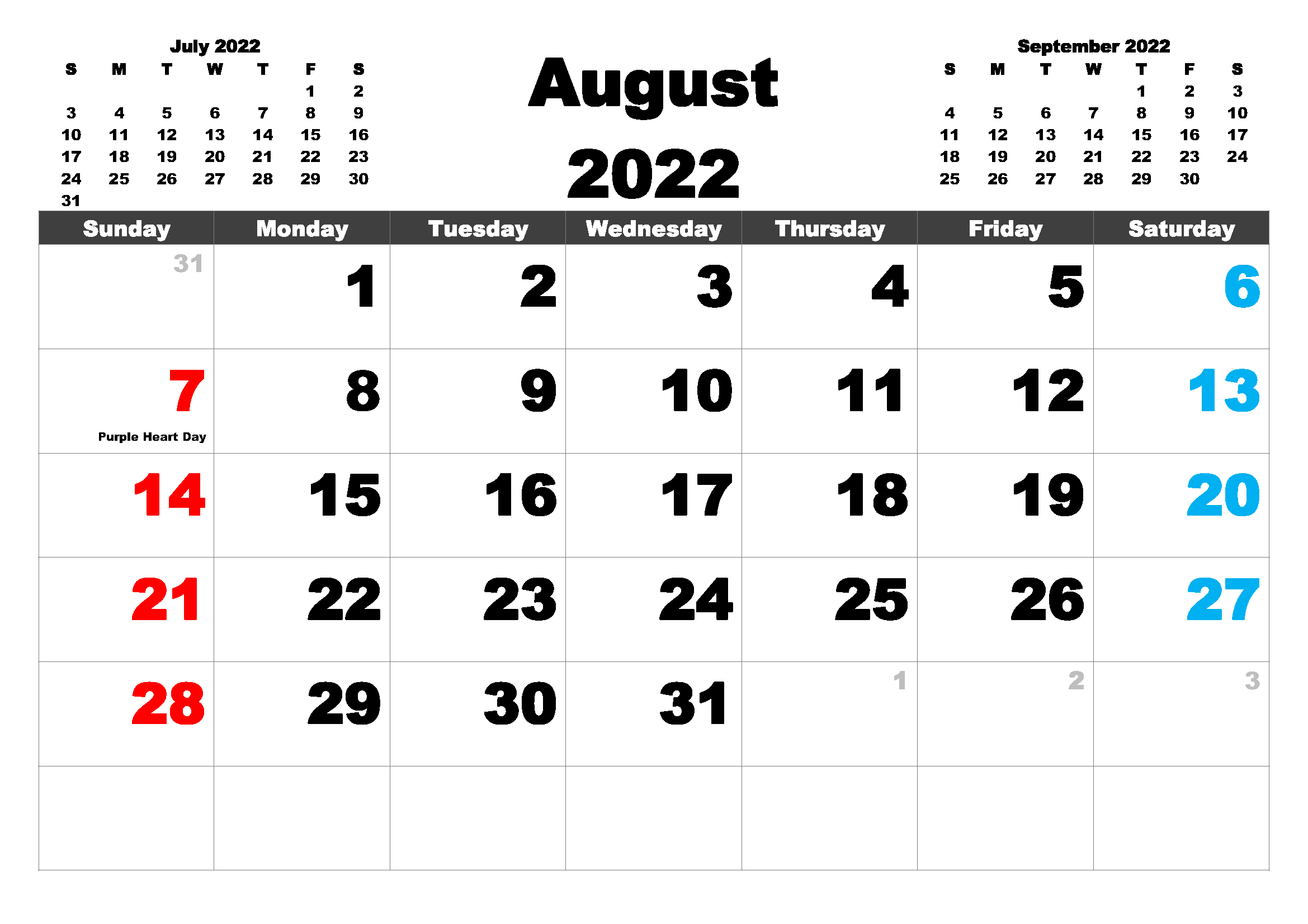 Monthly August 2022 Calendar With Holidays