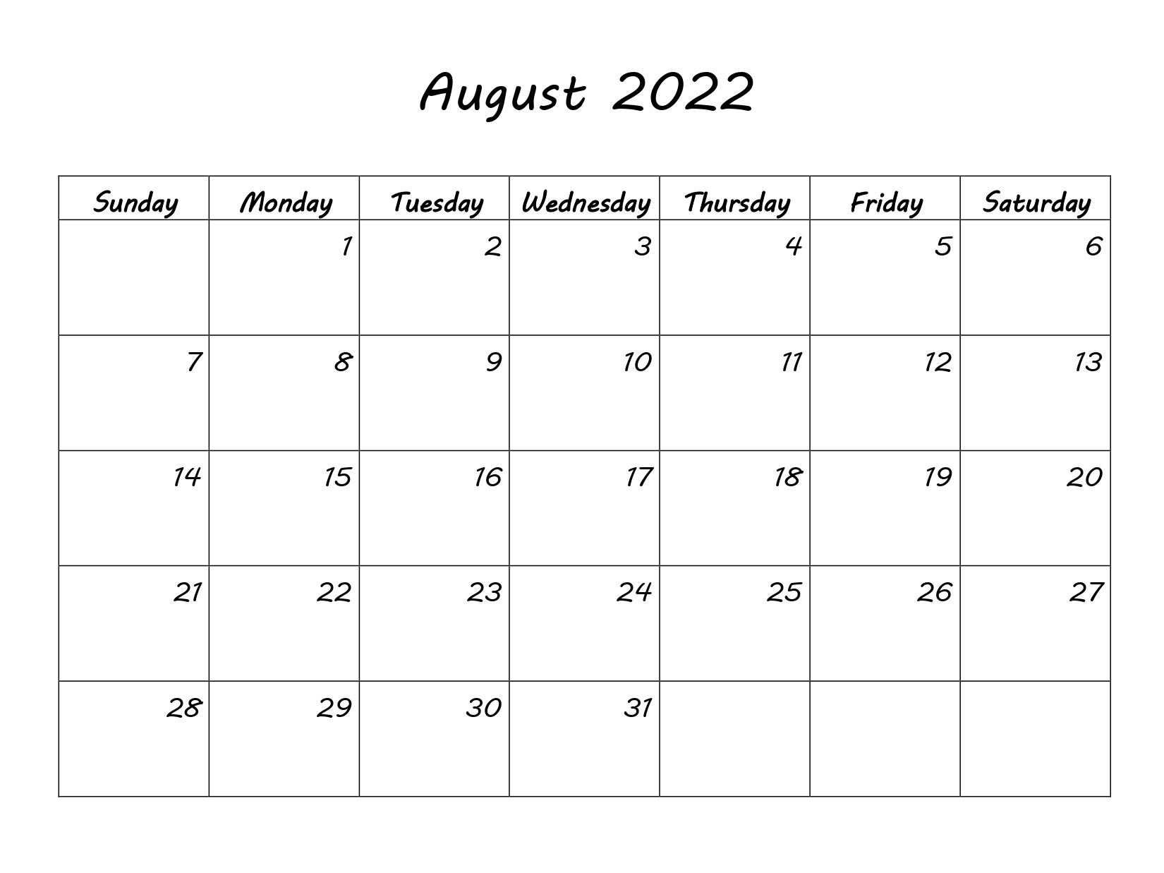 Printable August 2022 Calendar Portrait