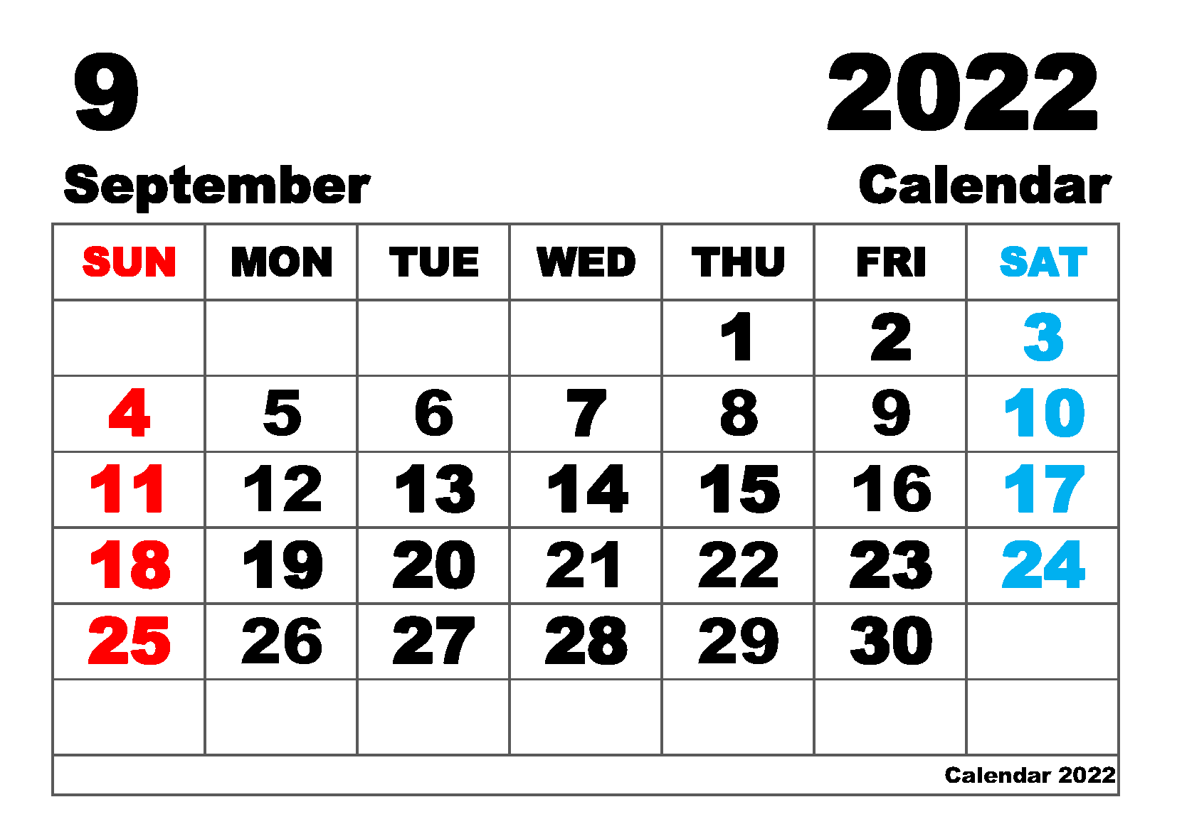 Printable September 2022 Monthly Calendar