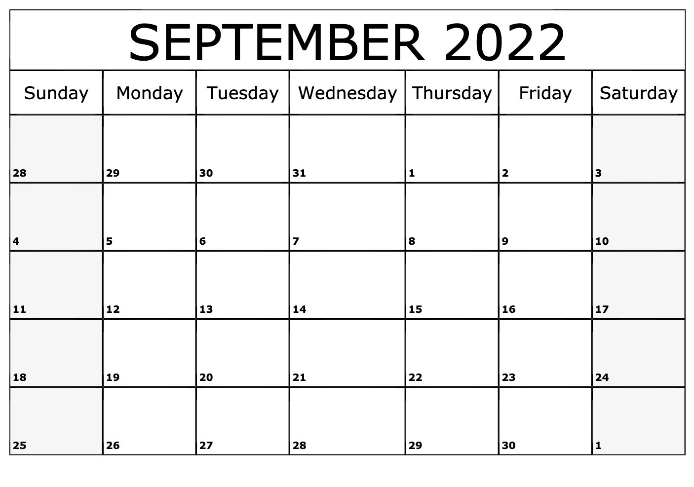 September 2022 Calendar Excel
