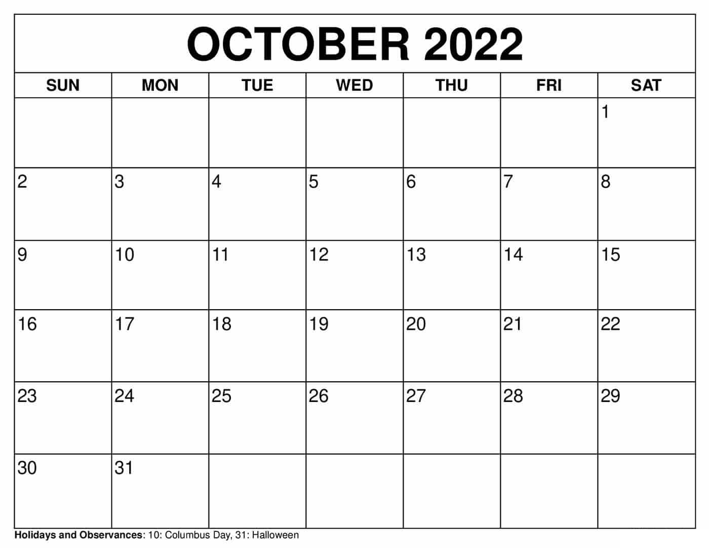 Blank October 2022 Calendar To Print