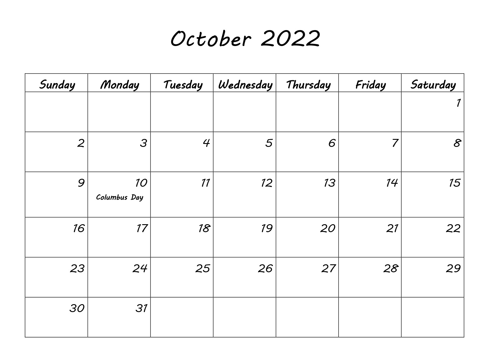 Blank October 2022 Calendar With Holidays