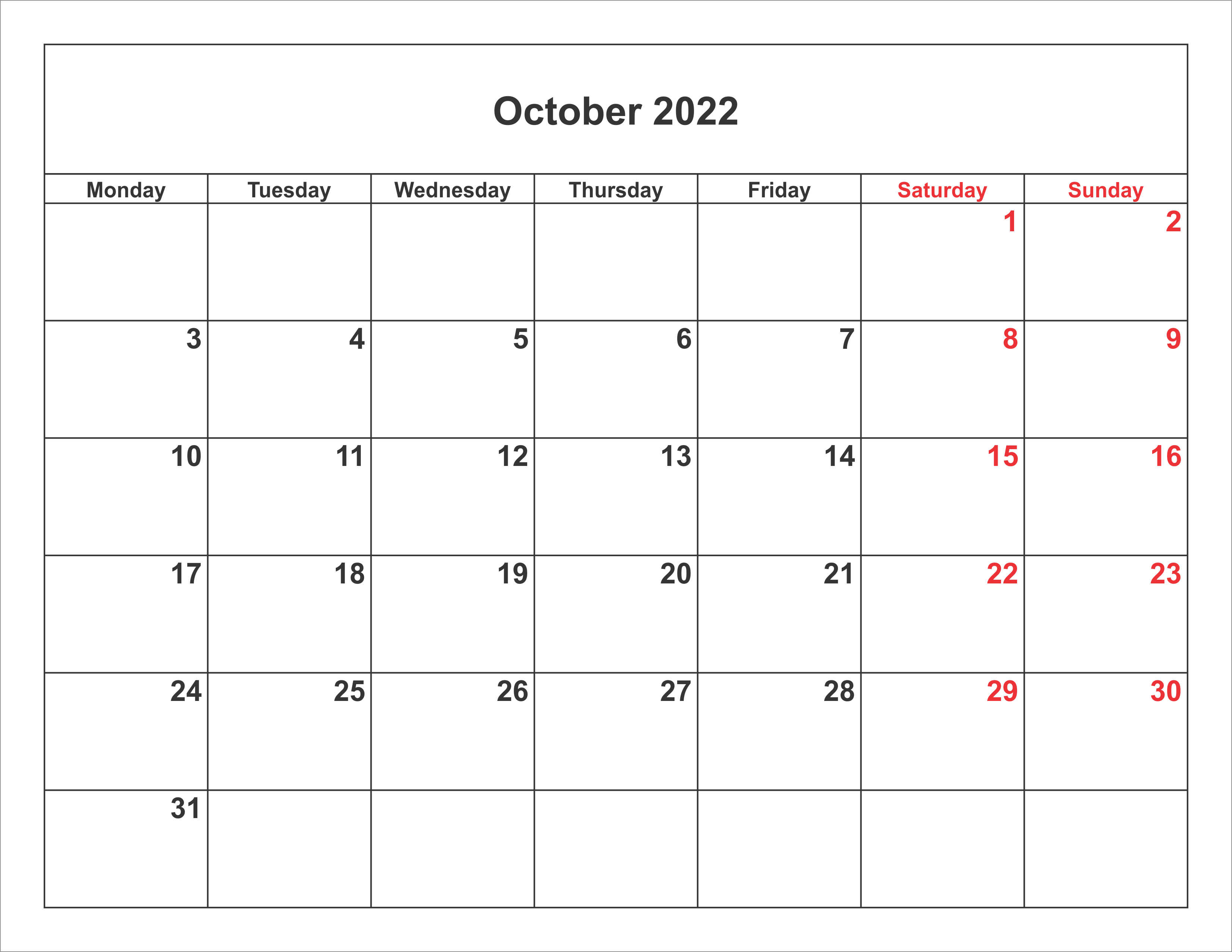 Cute October 2022 Calendar Word
