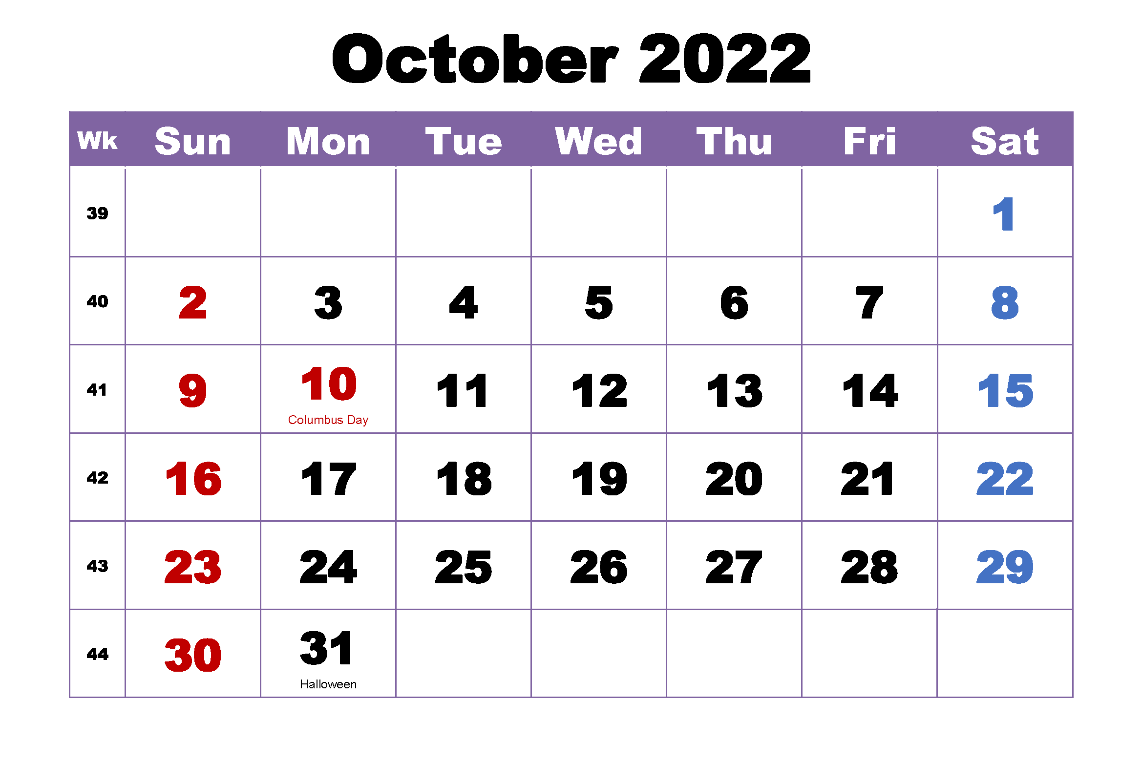 October 2022 Calendar Cute