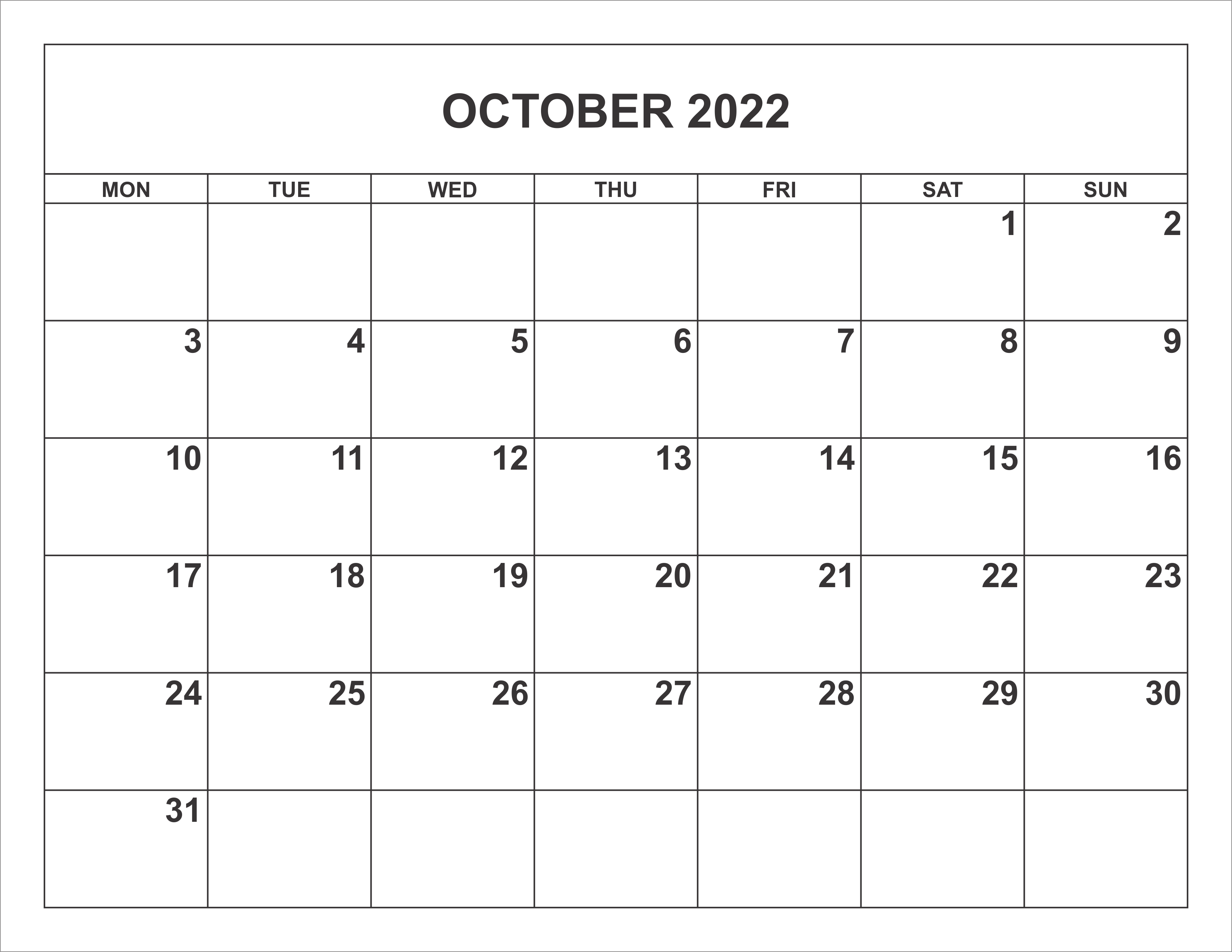 October 2022 Calendar Word