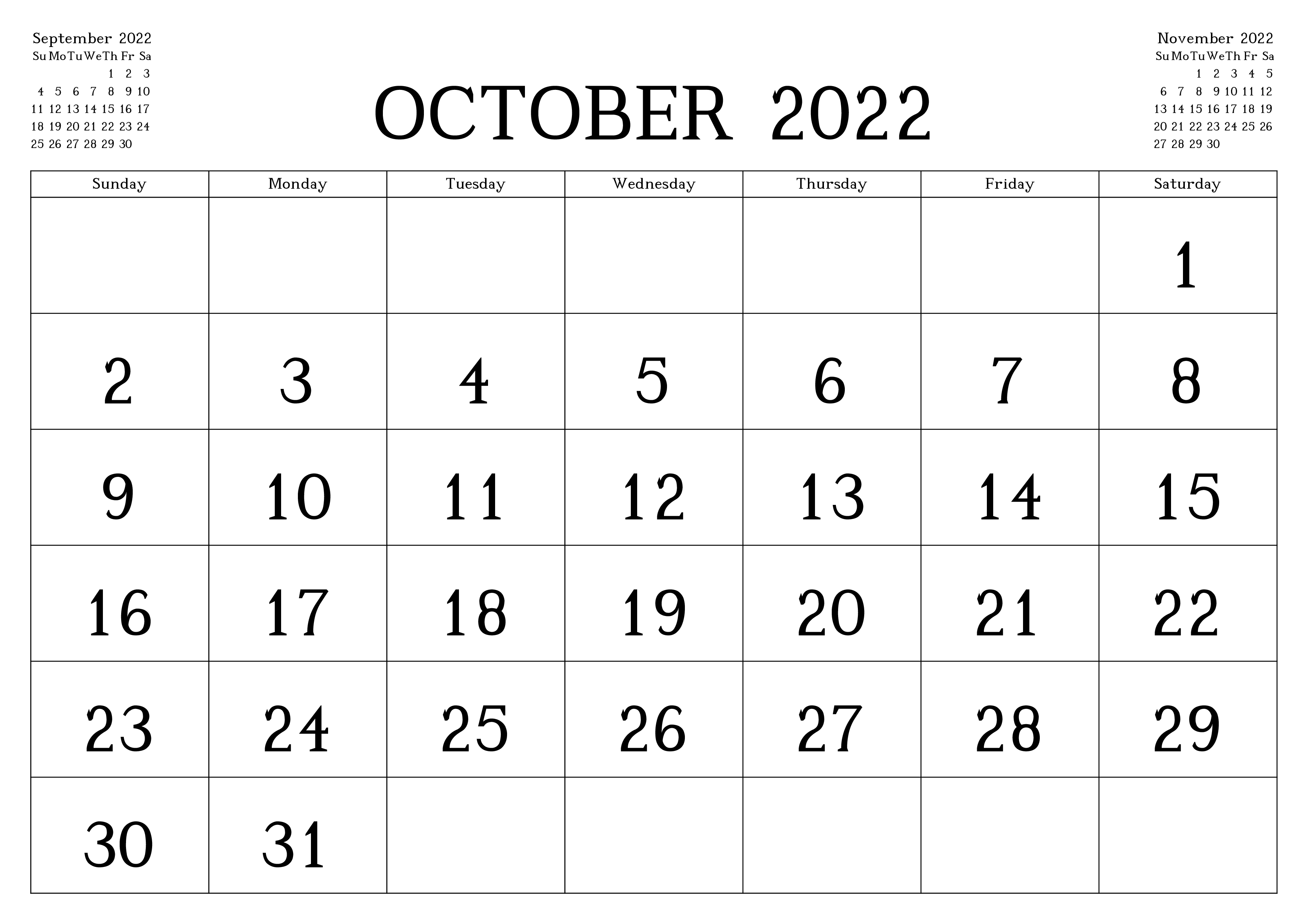 October 2022 Printable Calendar