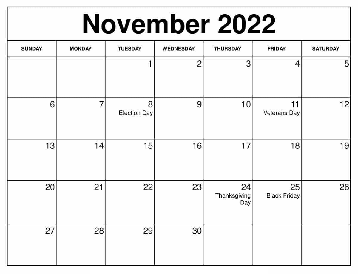 November 2022 Calendar With Holidays PDF