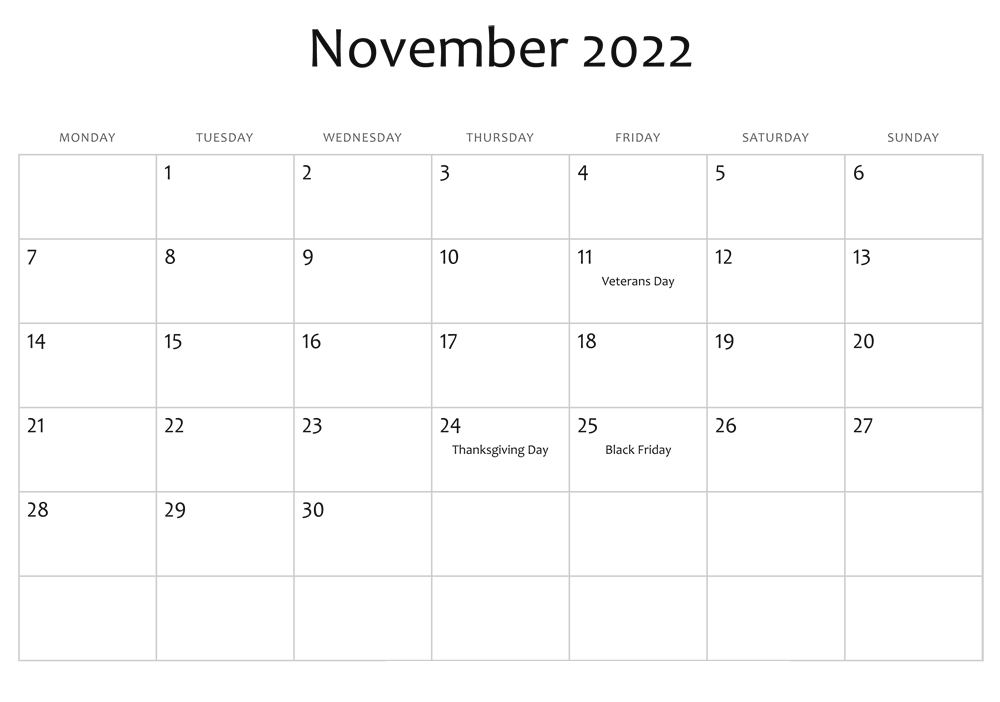 November 2022 Calendar With Holidays Template