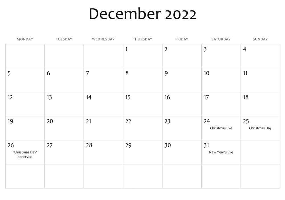 December 2022 Calendar Holiday