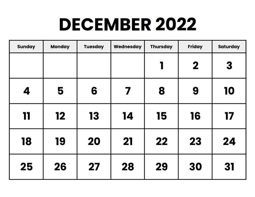 Blank December 2022 Calendar Template