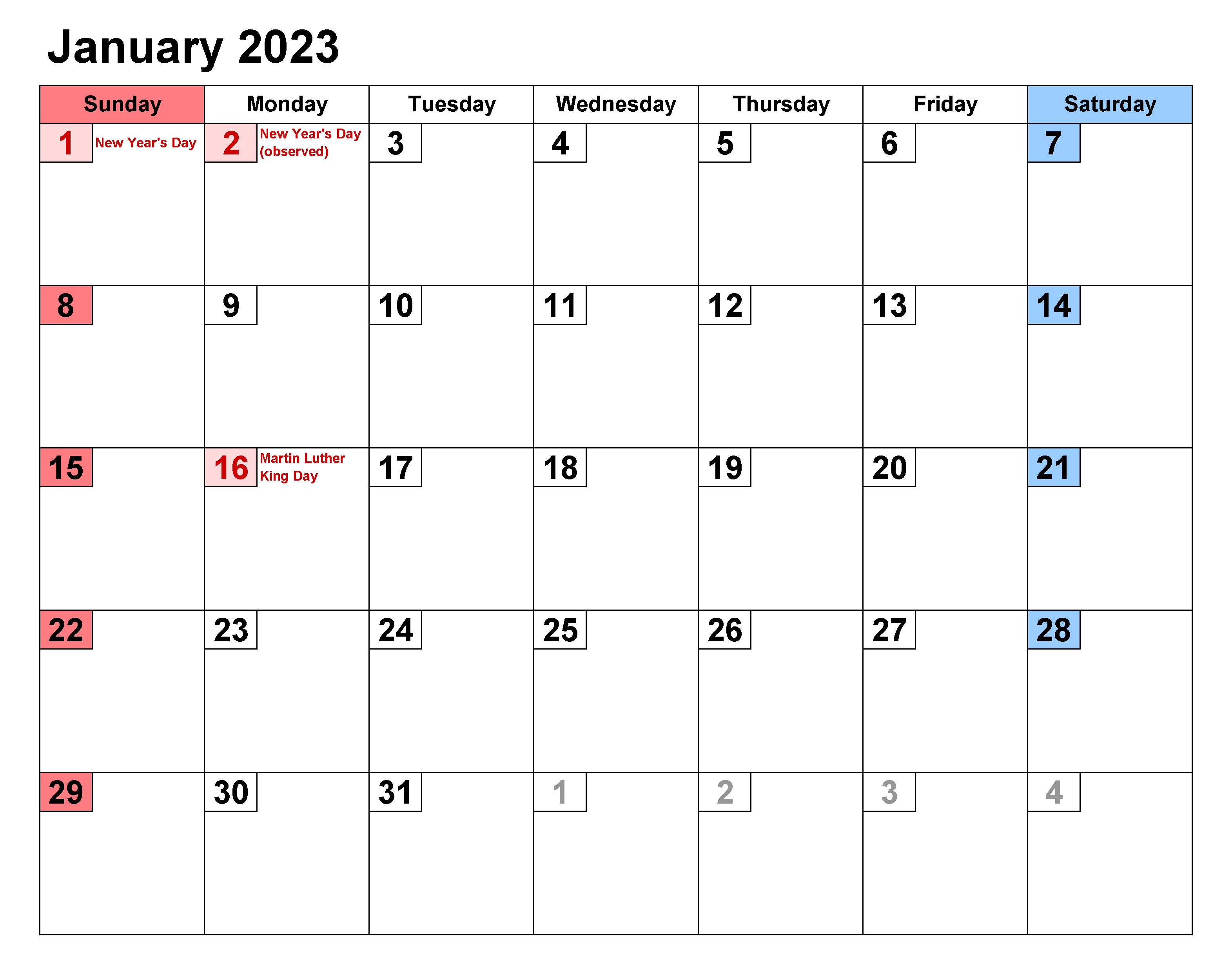 Cute January 2023 Calendar With Holidays