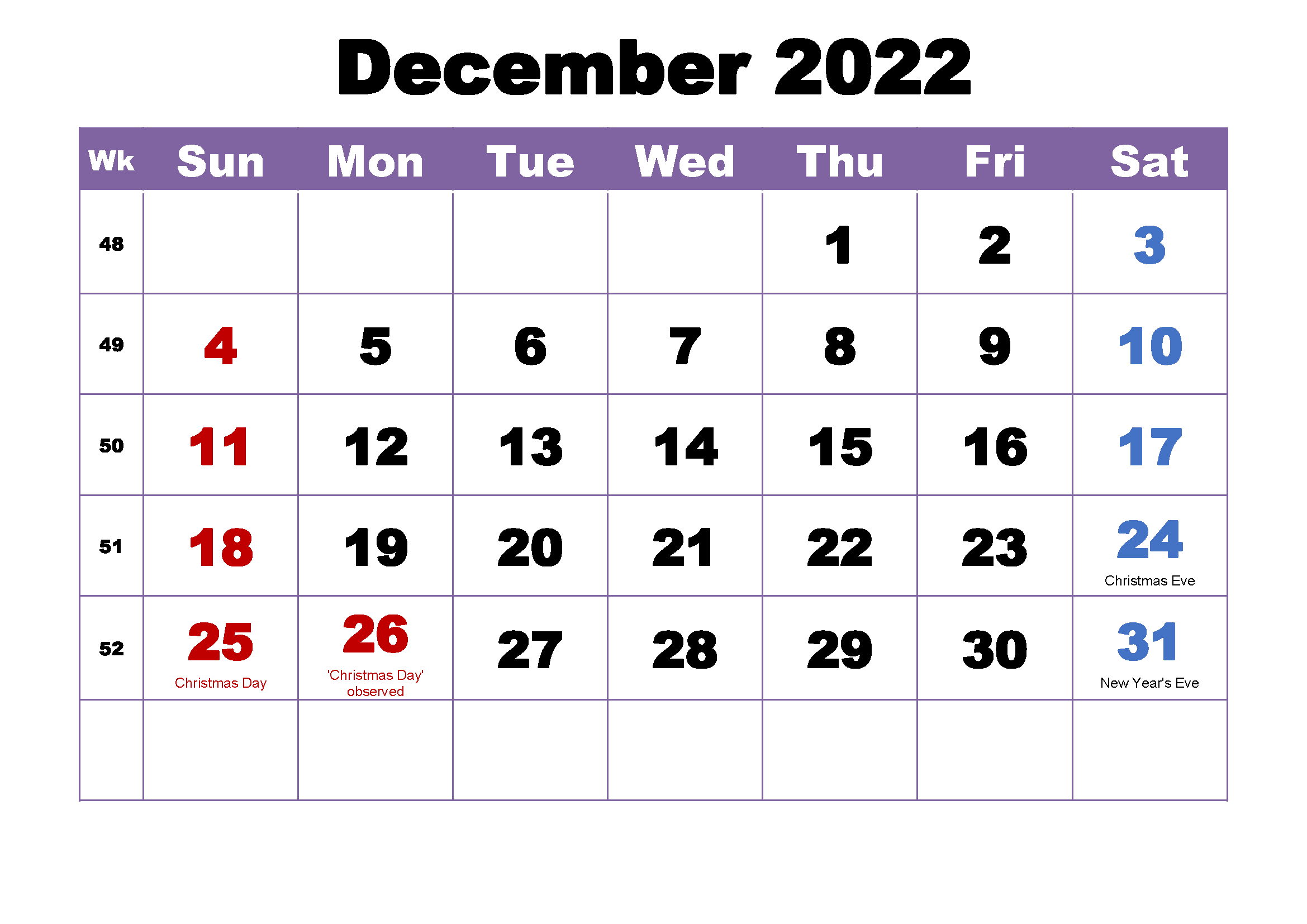 December 2022 Calendar With Holidays Free Printable