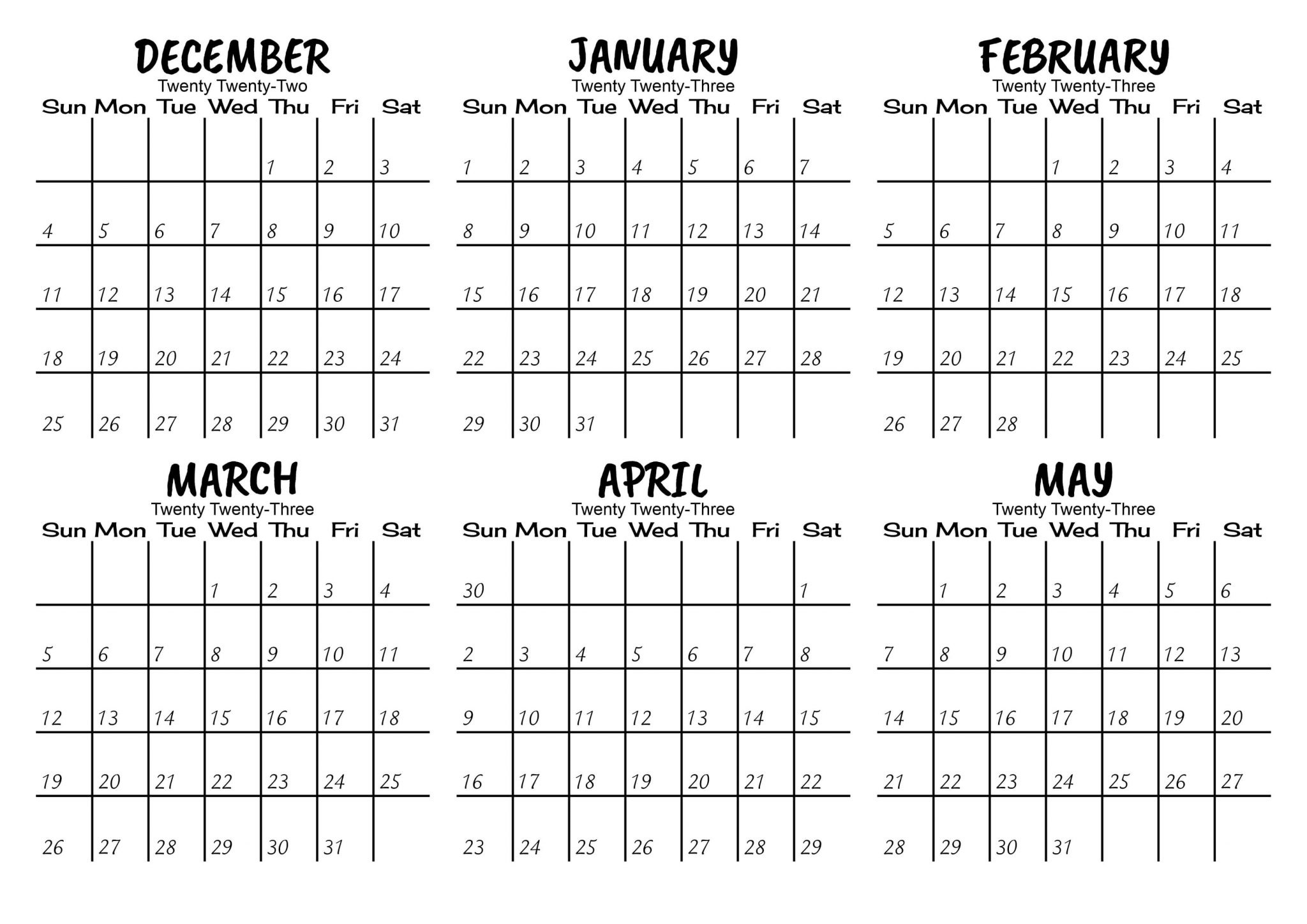 December to May 2022 Calendar Printable