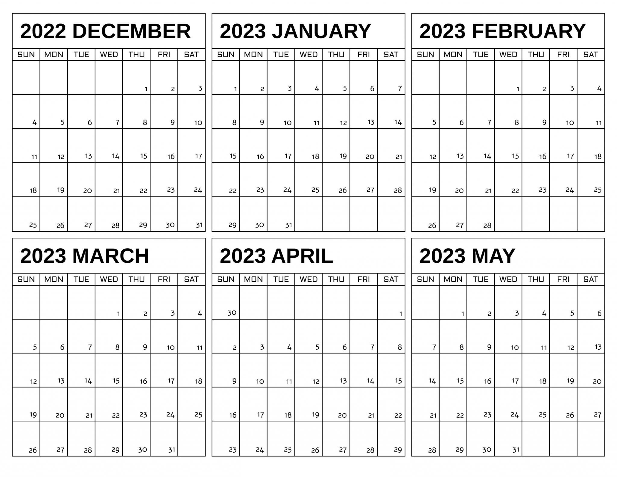 December to May 2022 Calendar Template