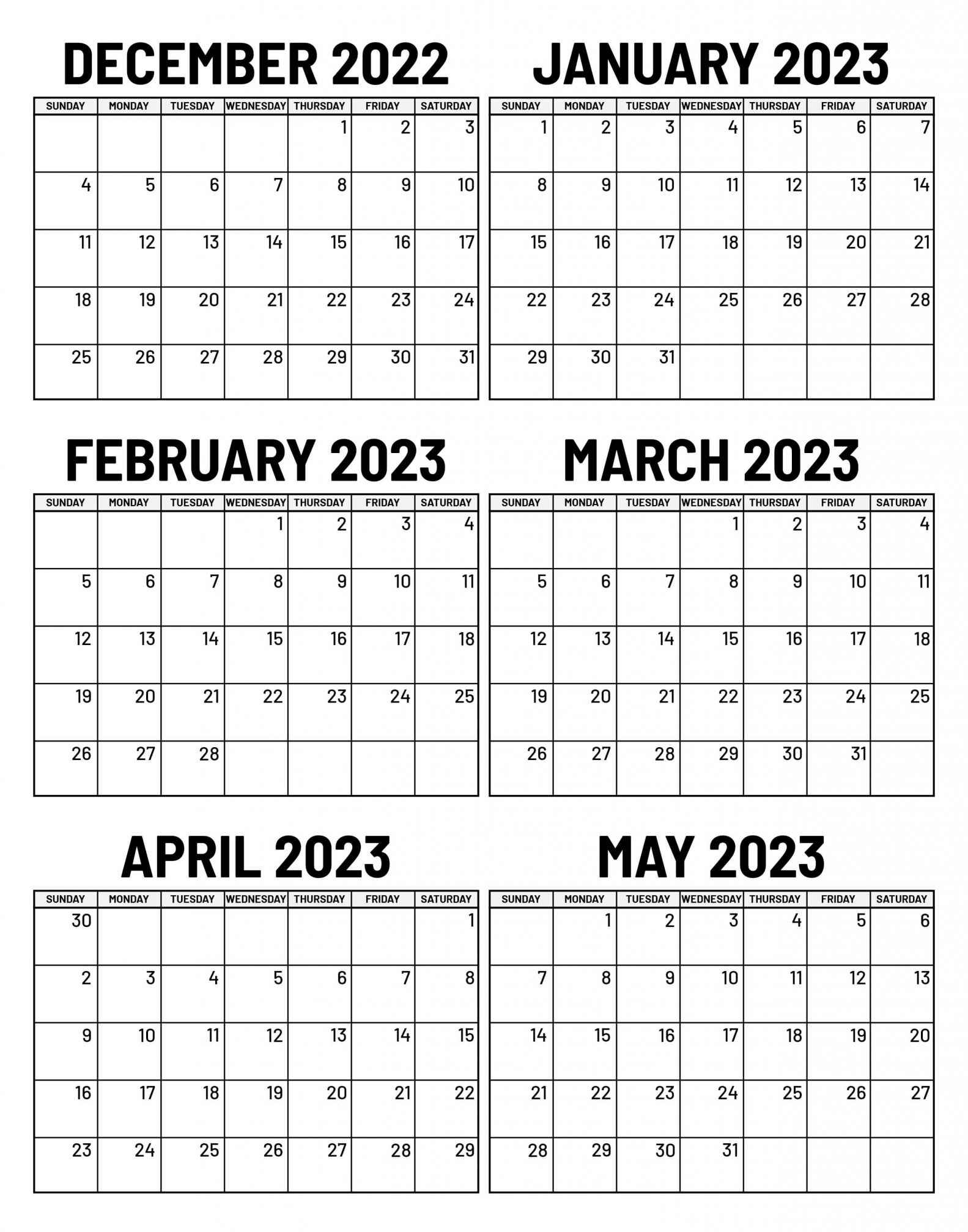 December to May 2022 Calendar