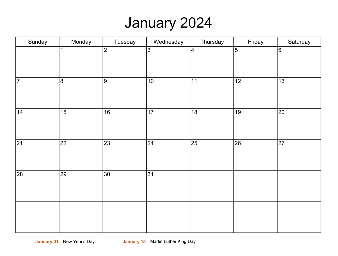 Calendar for January 2024